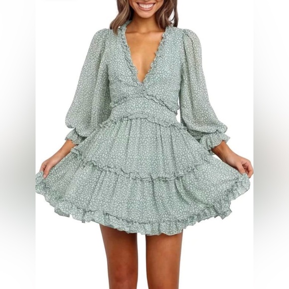 Fall Spring Deep V Neck Ruffle Long Sleeve Floral Print Mini Dress - Picture 6 of 9